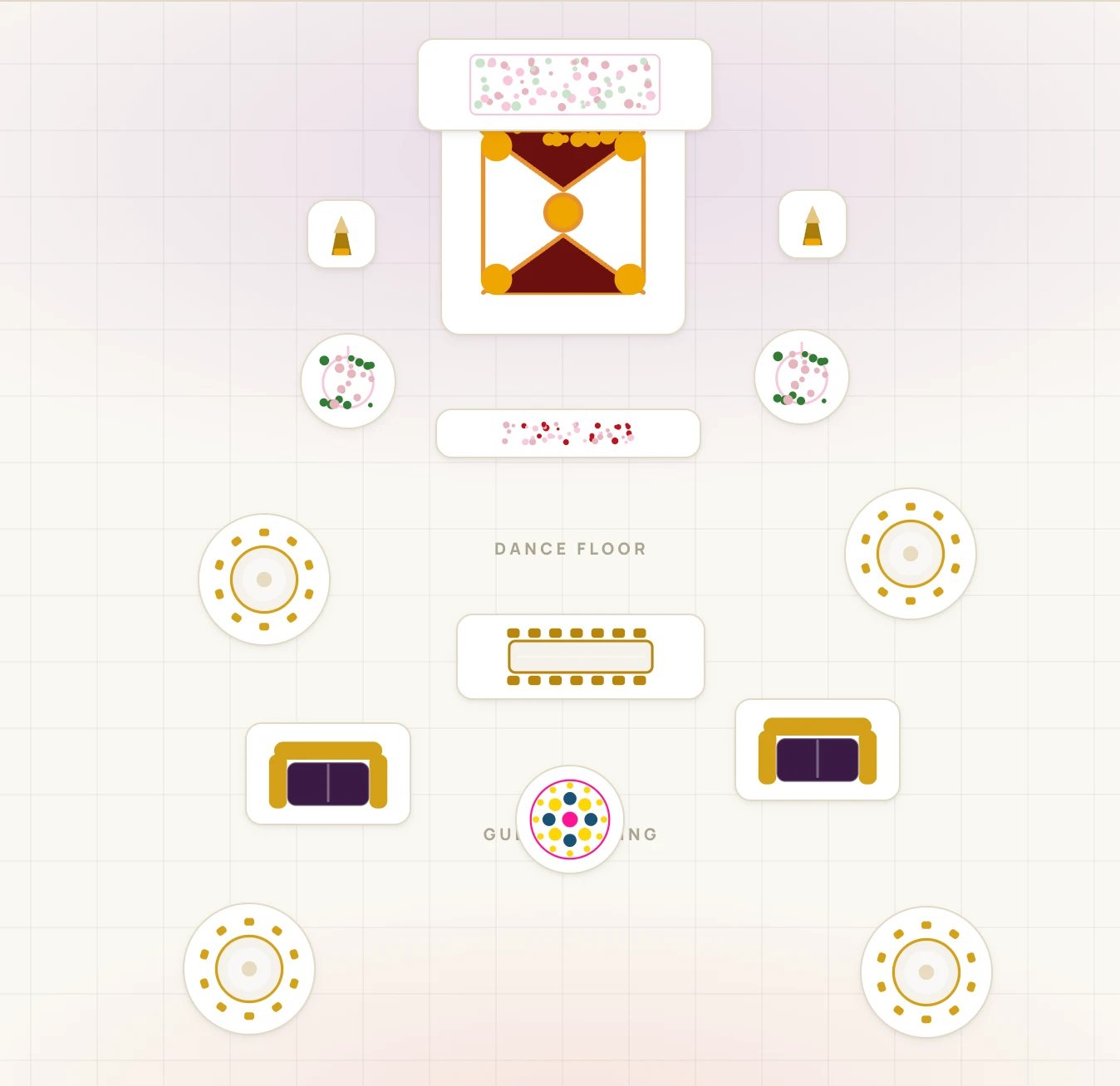 A Decor Studio floor plan: a mandap at the head of the room with florals and candle stands, round guest tables, lounge seating and a dance floor between them.