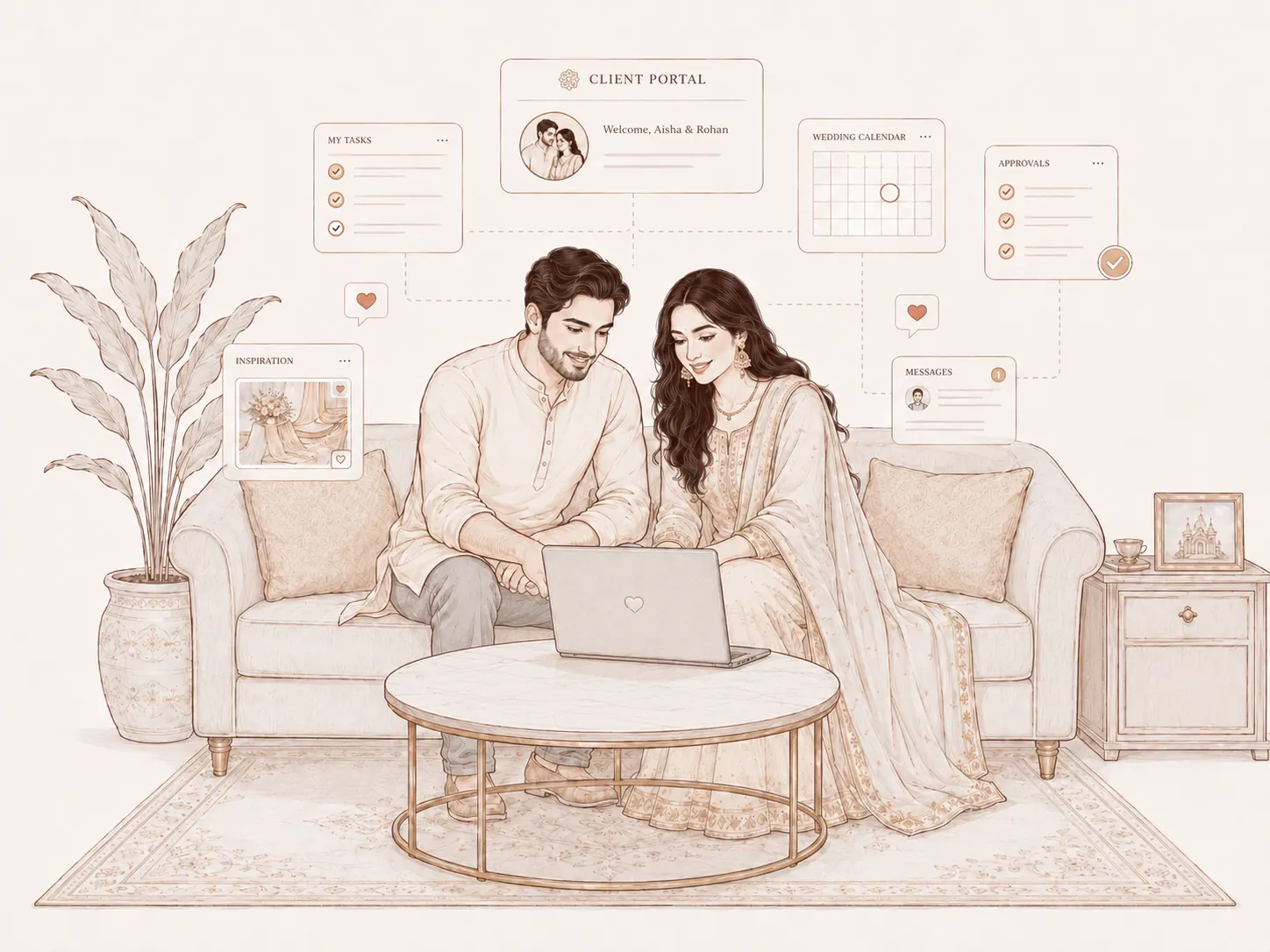 A couple on their sofa looking at their wedding portal: tasks, the ceremony calendar, approvals and messages, in their planner’s name.