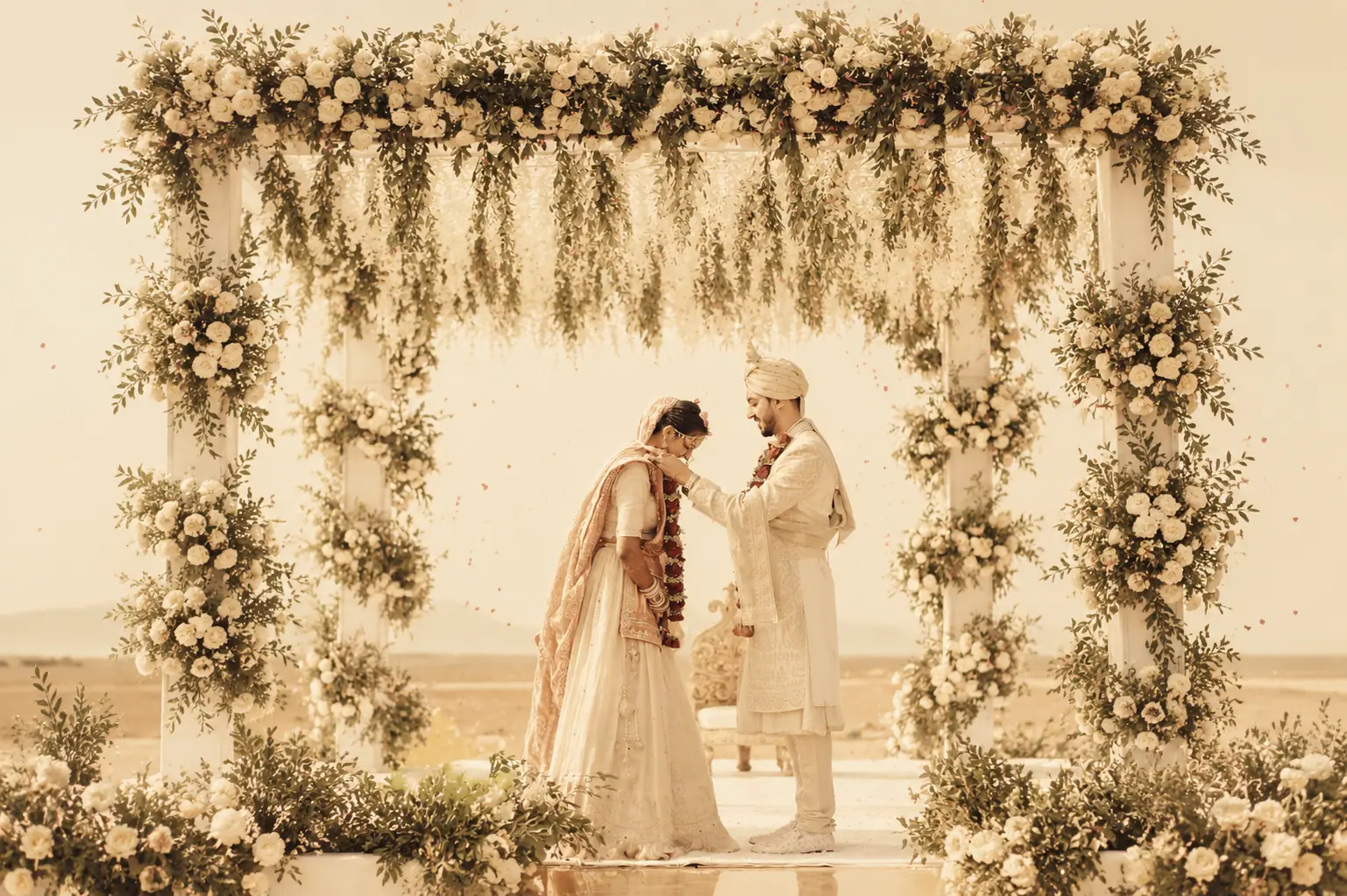 A couple exchanging garlands beneath a floral mandap